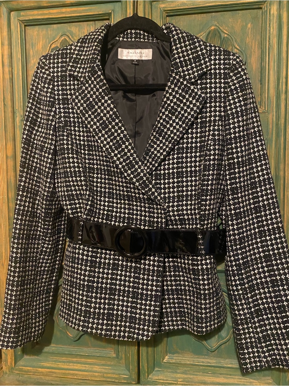 Tahari Black and White Tweed Belted Blazer